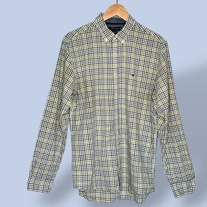 Tommy Hilfiger Mens Plaid Button Down Long Sleeve Shirt Yellow Navy Size Large‎